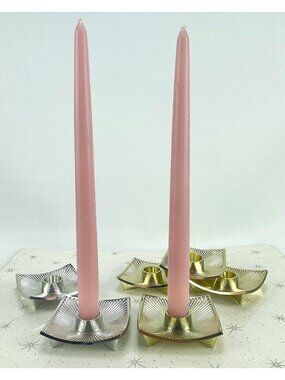 Vintage plastic candle holders, silver or gold tone candlesticks, MCM style